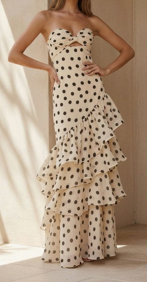 Sweetheart Black Polka Dots Chiffon Prom Dresses With Pleated And Ruffles Formal Dresses N592
