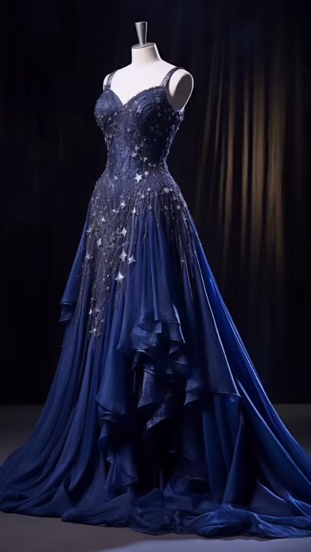 Robe de bal unique bleu marine en mousseline avec dentelle et décolleté cœur - Inspiration robe de soirée AB750