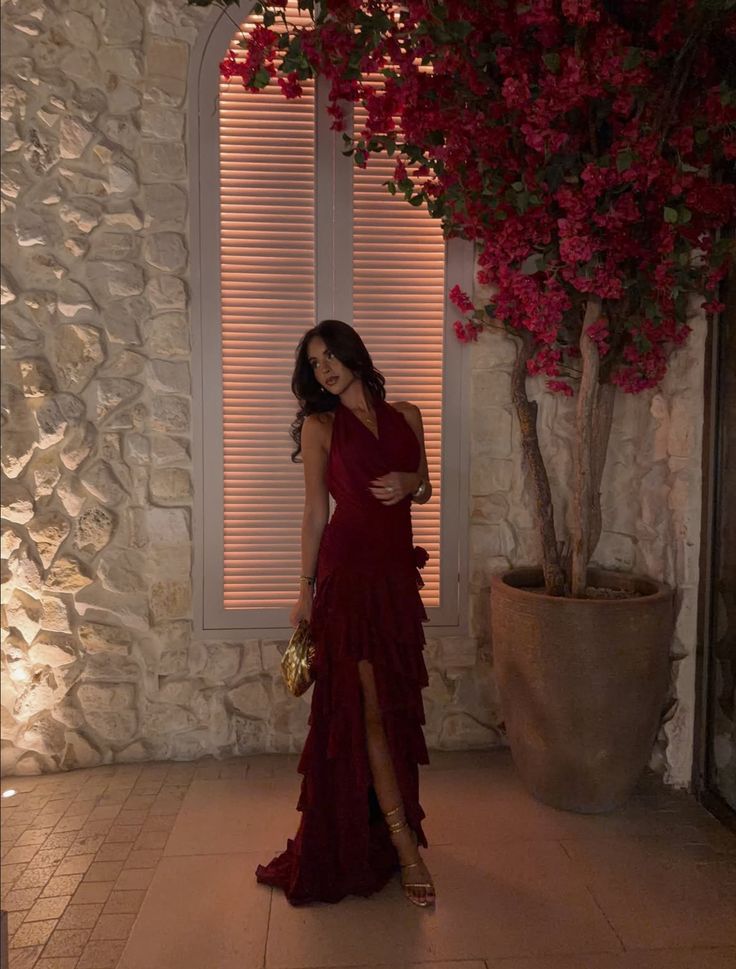 Elegantes, burgunderrotes Chiffon-Kleid mit Rüschen – perfekt für formelle Anlässe wie College, Abschlussball oder andere festliche Anlässe für Teenager (N1112)