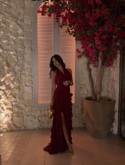 Elegantes, burgunderrotes Chiffon-Kleid mit Rüschen – perfekt für formelle Anlässe wie College, Abschlussball oder andere festliche Anlässe für Teenager (N1112)