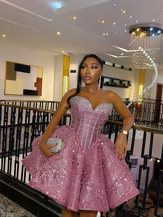 Glitter Ball Gown Sweetheart Pink Sequin Mini Short Hoco 19th Birthday Dress Homecoming Dresses RB4144
