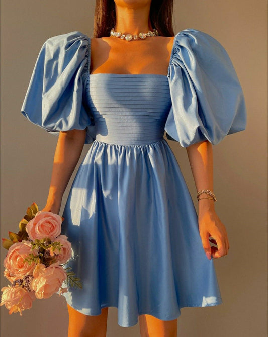 Pretty Ball Gown Square Satin Blue With Half Sleeves Short Mini Homecoming Dresses Graduation Dress N2437
