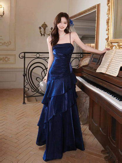 Ästhetisches Meerjungfrauen-Abendkleid mit Spaghettiträgern in Marineblau, AB677
