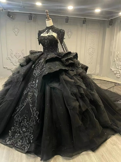 Modest Ball Gown Strapless Black Appliques Tulle Long Quinceanera Dresses Sexy Quinceanera Gowns Sweet 16 Dress B255