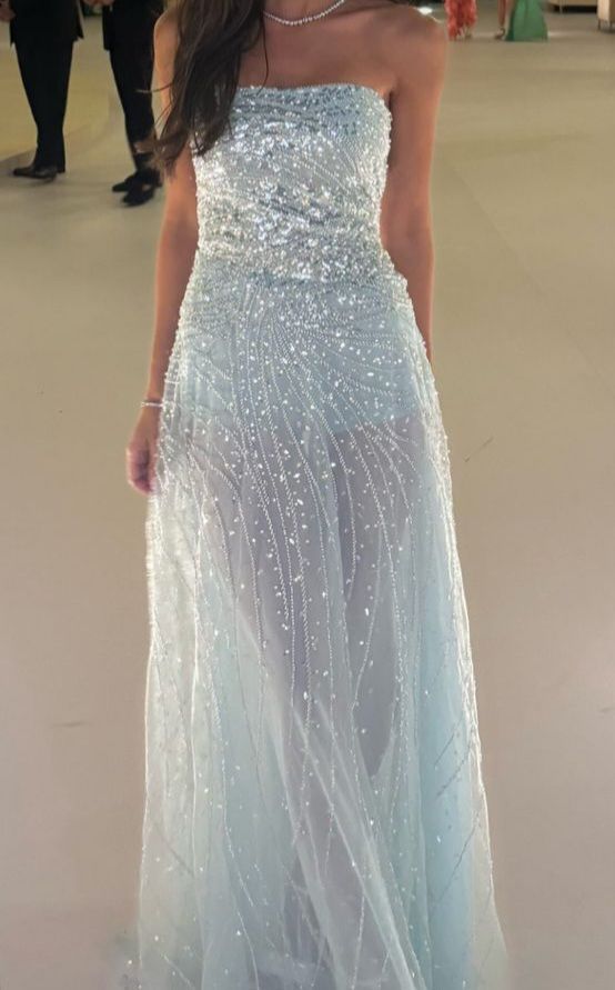 Robe longue de soirée bustier trapèze étincelante bleu ciel à paillettes sans manches, pour 21e anniversaire et bal de promo N2408