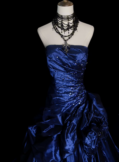 Robe de bal vintage bustier bleu marine en satin, longue, pour bal de fin d'année, tenue de soirée N035