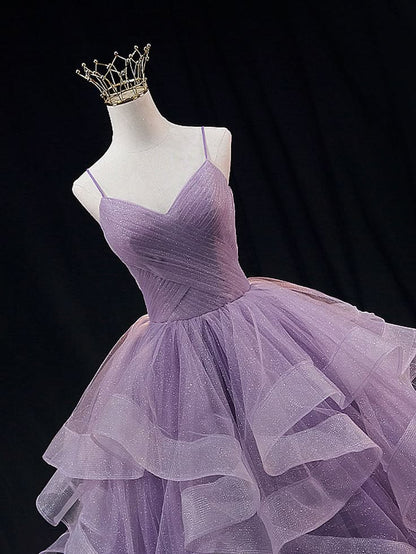 Purple Prom Dress Ball Gown Spaghetti Strap Tulle Sequin Long Formal Gown Evening Dresses For Teens Formal N038