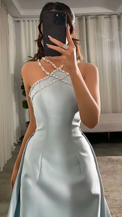 Modest Sheath Light Sky Blue Satin Halter Spring Formal Dress Long Prom Dresses N2682