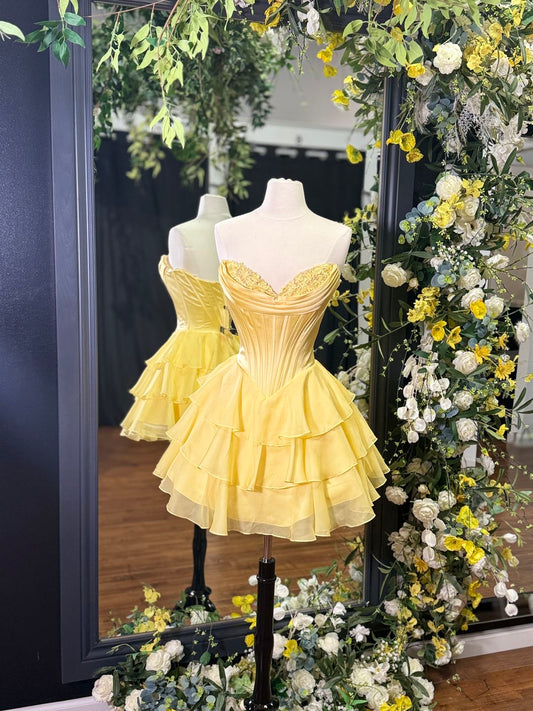 Pretty A line Sweetheart Yellow Chiffon For Teens Women Party Dress Short Mini 23rd Birthday Dresses Hoco Outfit RB3674
