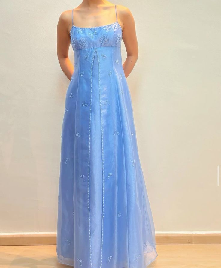 Bescheidene A-Linie Spaghettiträger Blau Mit Perlen Ärmellose Lange Abschlussballkleider Für Damen N4173