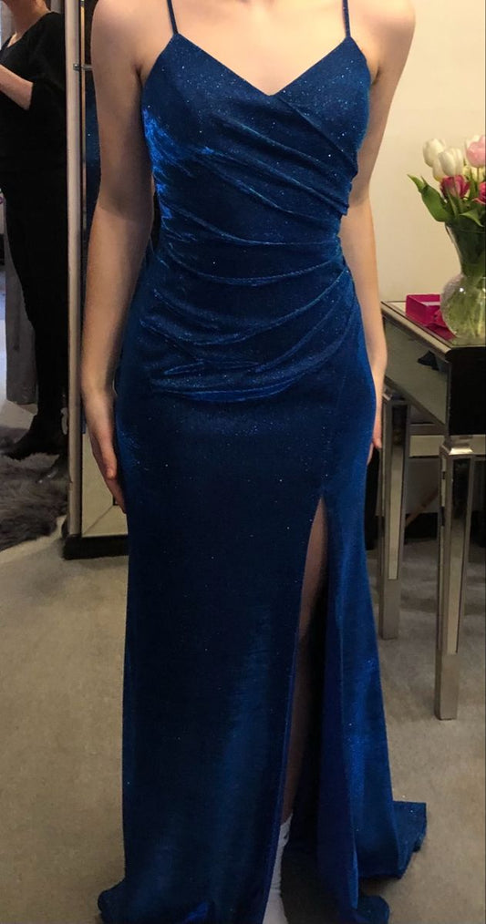 Glitzerndes, ärmelloses, königsblaues, langes Abendkleid mit Spaghettiträgern und Schlitz, Pailletten, Meerjungfrauen-Stil, AB950