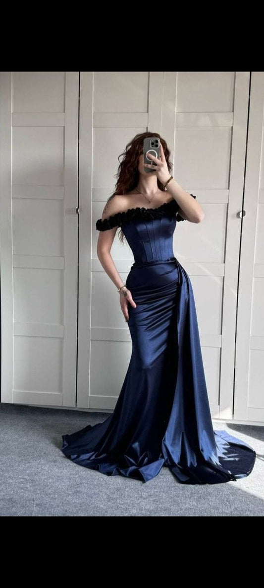Modest Mermaid Off The Shoulder Marine Ball Dresses Floor Length Formal Gowns Navy Blue Prom Dresses Evening Dress AB751
