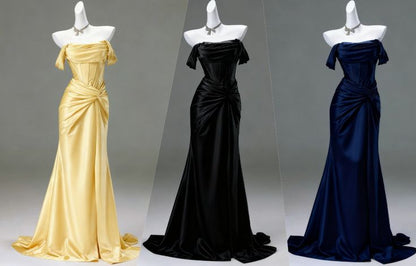 Robe de soirée sirène élégante en satin plissé, robe de bal de fin d'année à épaules dénudées N1870