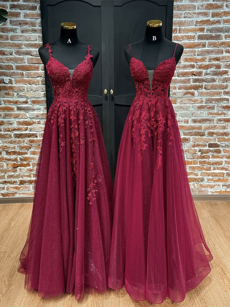 Langes, burgunderrotes A-Linien-Abendkleid mit V-Ausschnitt aus Tüll und Spitze, AB1588