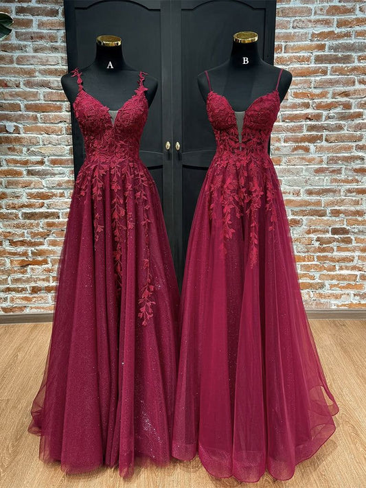 Langes, burgunderrotes A-Linien-Abendkleid mit V-Ausschnitt aus Tüll und Spitze, AB1588