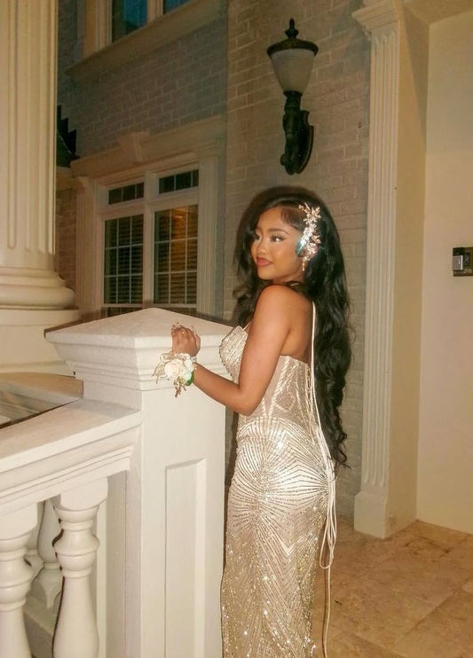 Modest Mermaid Halter Champagne Prom Dresses With Sequin Evening Party Formal Gown 20th Birthday Outfits AB812
