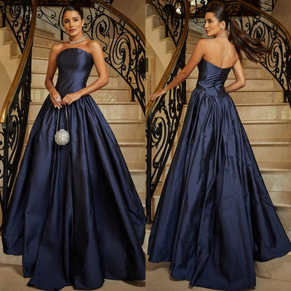 Chic Ball Gown Strapless Royal Blue Satin Prom Dresses Long for Women Formal Evening Gowns AB177