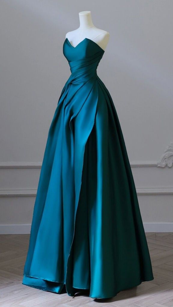 A-Line Sweetheart Satin Green Long Prom Dress Green Satin Long Formal Evening Dress AB199
