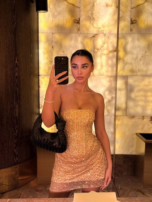 Luxurious Sheath Strapless Gold Sequin For Teens Women Party Short Mini 20th Birthday Dresses Hoco Outfit RB3681