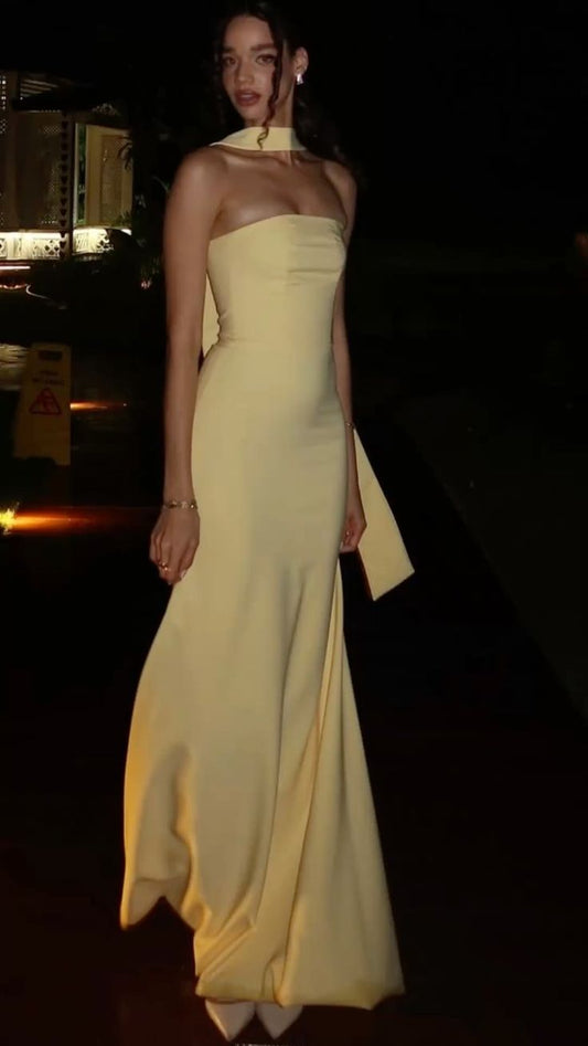 Elegantes, trägerloses, figurbetontes, gelbes Meerjungfrauen-Abendkleid mit Schal, langes, formelles Ballkleid, elegantes Partykleid AB2052