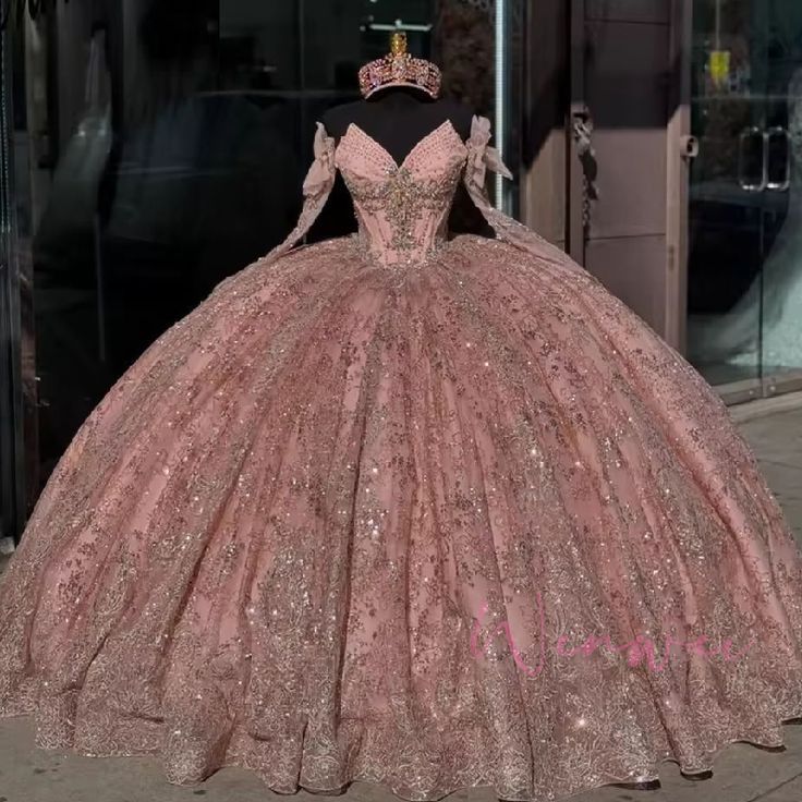 Princess Ball Gown Sweetheart Pink With Lace Beaded Long Aesthetic Quinceanera Dresses Sweet 15 16 Birthday Gown AB1413