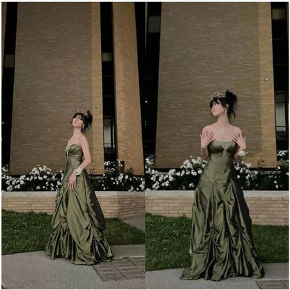 Vintage Ballkleid trägerlos olivgrün Satin Taft 90er Jahre Ballkleider Inspiration Partykleid Prinzessin Abschlusskleid B627