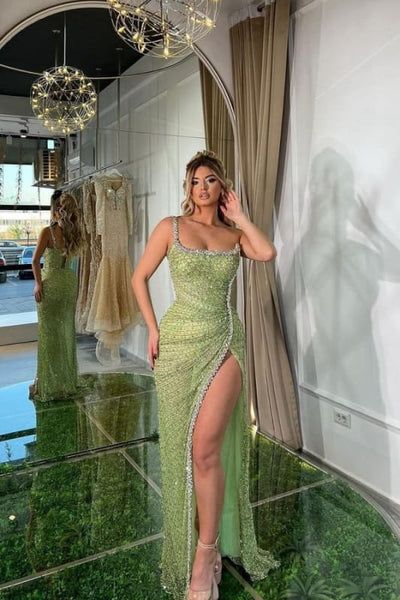 Exquisite Sage Satin Beading High Split Mermaid Prom Dresses with Spaghetti Straps AB1538