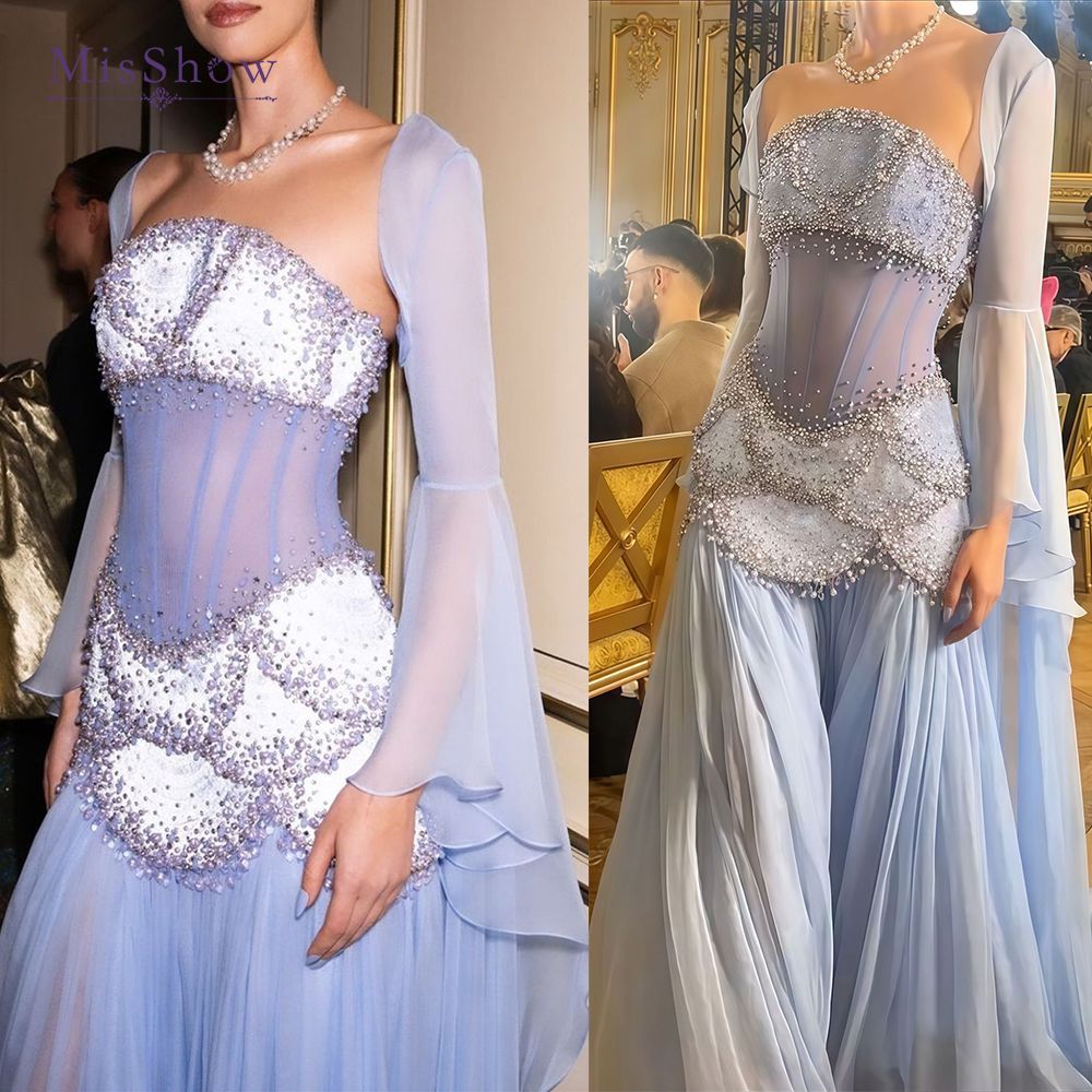 Luxury Baby Blue Pearl Chiffon Prom Dress Princess Birthday Dress For Women AB1455