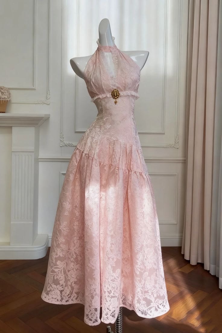 Elegant A Line Halter Pink With Lace Perfection-Formal Goals Nigh Evening Long Prom Dress Party Outfits RB6760