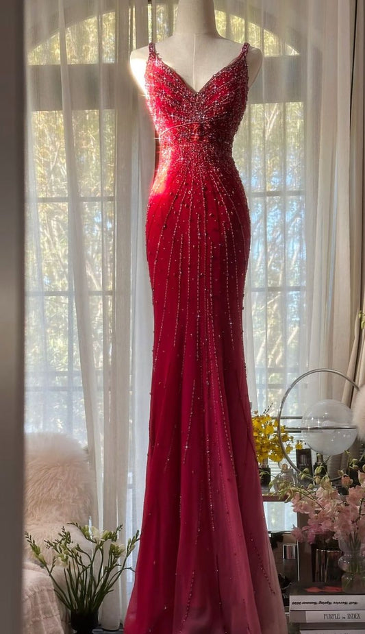 Elegantes Meerjungfrauenkleid mit V-Ausschnitt aus Chiffon in Ombré-Rosa mit Perlen für Damen – langes, formelles Abendkleid, Ballkleid, Outfit zum 22. Geburtstag AB1414