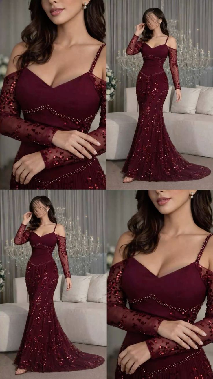 Robe de bal longue de soirée sirène sexy en satin bordeaux à fines bretelles et manches en dentelle perlée, N353