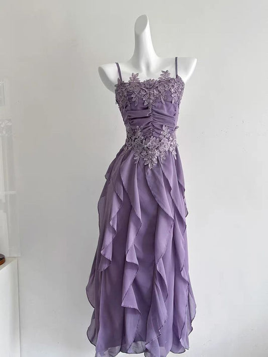 Modest A line Spaghetti Strap Grape Chiffon Sleeveless Long Prom Dresses For Women N4179