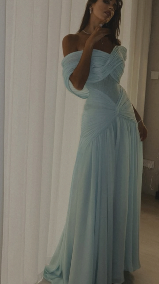 Customized Soft Blue Chiffon Evening Dress Sexy Mermaid Sweetheart Off the Shoulder Celebrity Gowns Wedding Guest Dress N897