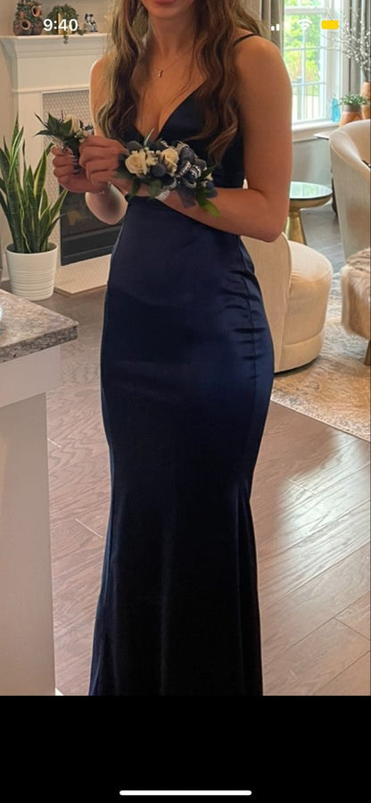 Sexy Mermaid Spaghetti Straps Sleeveless Navy Blue Long Formal Dresses Satin Prom Dress AB948