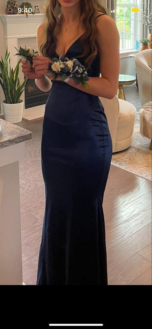 Sexy Mermaid Spaghetti Straps Sleeveless Navy Blue Long Formal Dresses Satin Prom Dress AB948