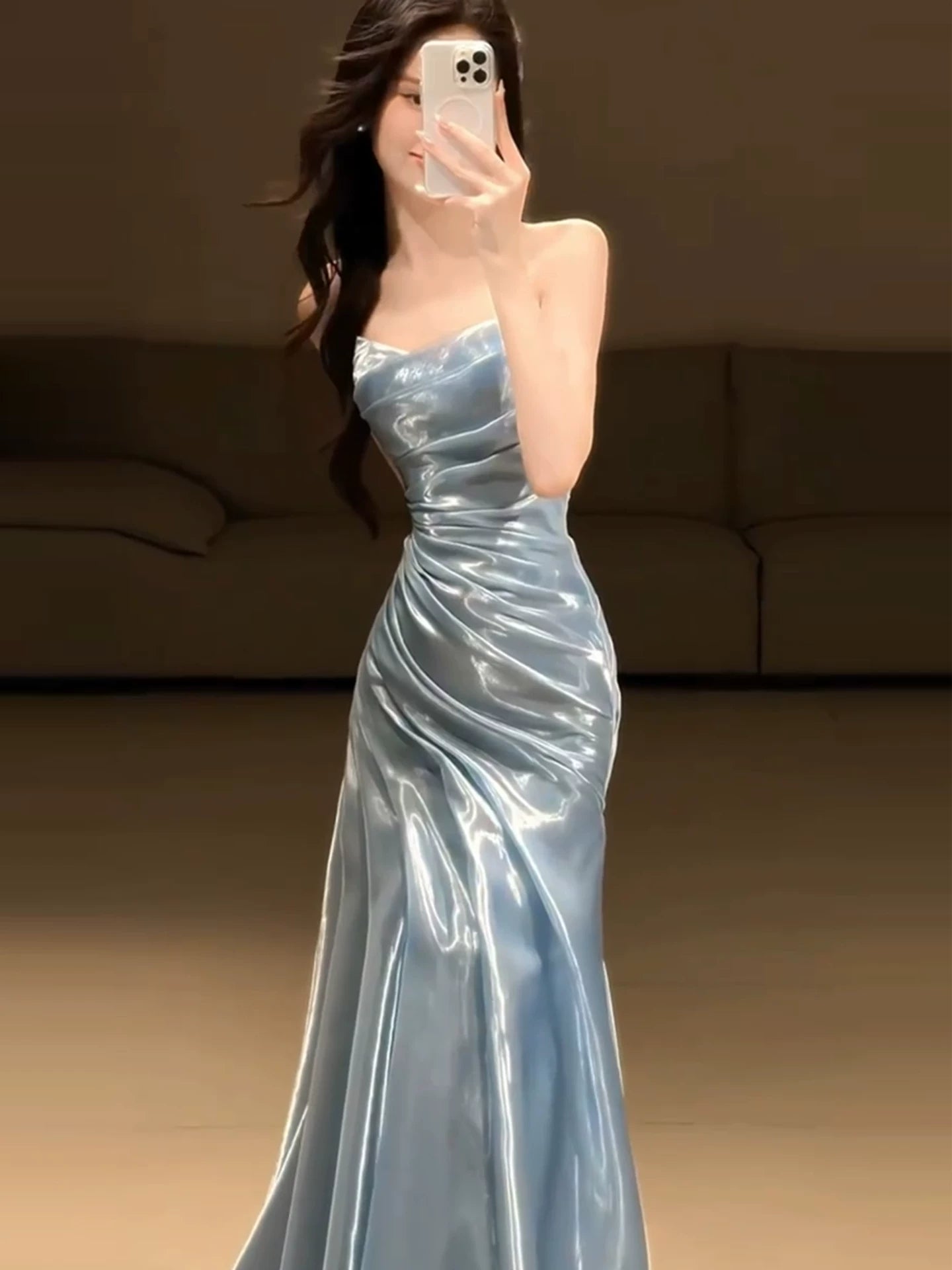 Hellblaues, trägerloses, plissiertes Ballkleid, Abendkleid, formelles, halbformelles, langes Abschlussballkleid für Teenager AB1993
