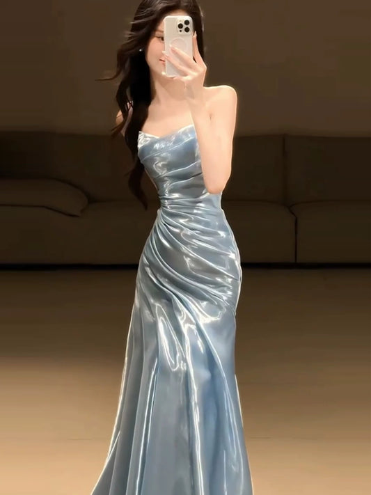 Hellblaues, trägerloses, plissiertes Ballkleid, Abendkleid, formelles, halbformelles, langes Abschlussballkleid für Teenager AB1993