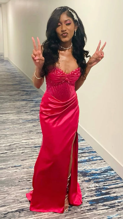 Unique Mermaid Sweetheart Hot Pink Satin Beads Prom Dresses Long Party Dress 21st Birthday Outfits Graduation Dress RB909