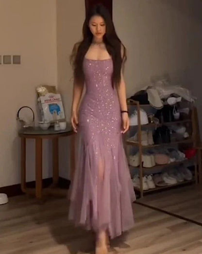 Sexy Meerjungfrau Spaghettiträger Lila Tüll Ballkleider Inspiration Ballkleid Prinzessin Party Geburtstag Abschlussballkleid B343