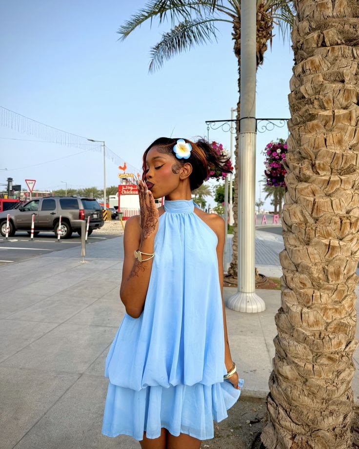 Sexy Homecoming Outfit Ideas A Line High Neck Sleeveless Blue Chiffon For Teens High School Ideas Inspo Senior Party Graduation Dresses RB7309