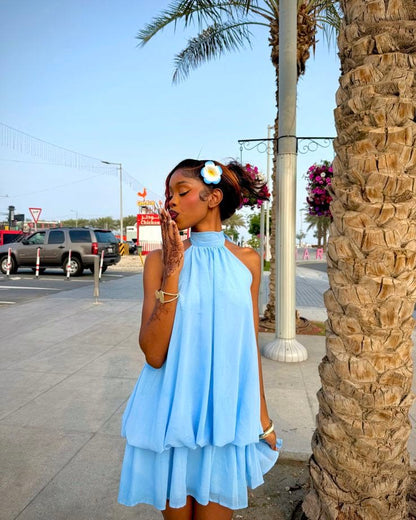 Sexy Homecoming Outfit Ideas A Line High Neck Sleeveless Blue Chiffon For Teens High School Ideas Inspo Senior Party Graduation Dresses RB7309