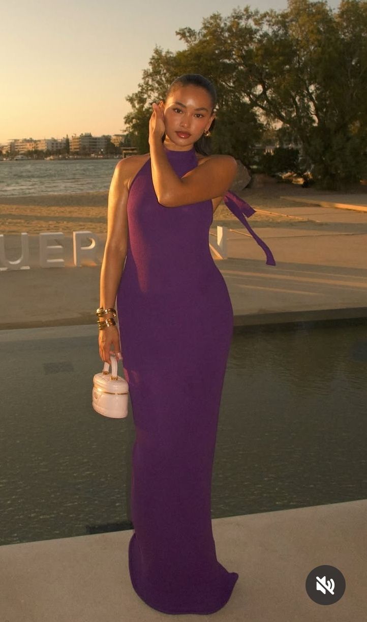 Robe de bal longue sirène en mousseline de soie violette à col haut sexy pour femme N4180