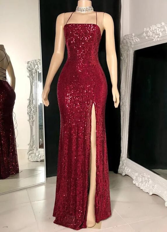 Modest Mermaid Halter Wine Red Sequin Burgundy Prom Dresses With Open Backs Evening Party Formal Gown 17th Birthday Outfits AB838