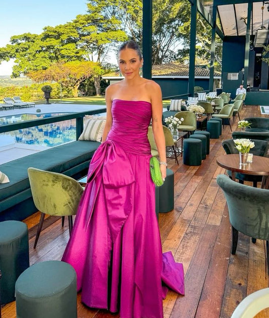 Charming A line Strapless Satin Inspiration Sleeveless Long Prom Dresses Wedding Guest Dress Prom Gowns AB264