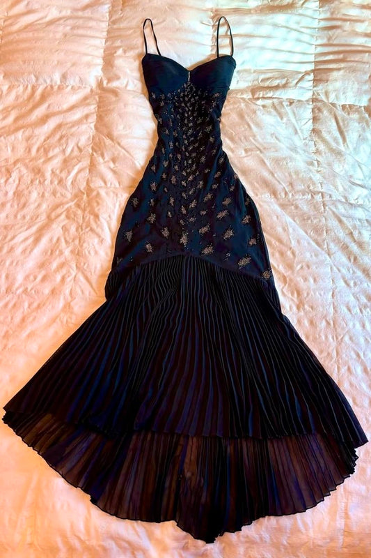 Elegantes Meerjungfrauen-Kleid aus marineblauem Chiffon mit Spaghettiträgern und Perlenbesatz – langes, formelles Abendkleid für Damen, ideal für Partys, Ballkleider und Outfits zum 22. Geburtstag (AB1417)