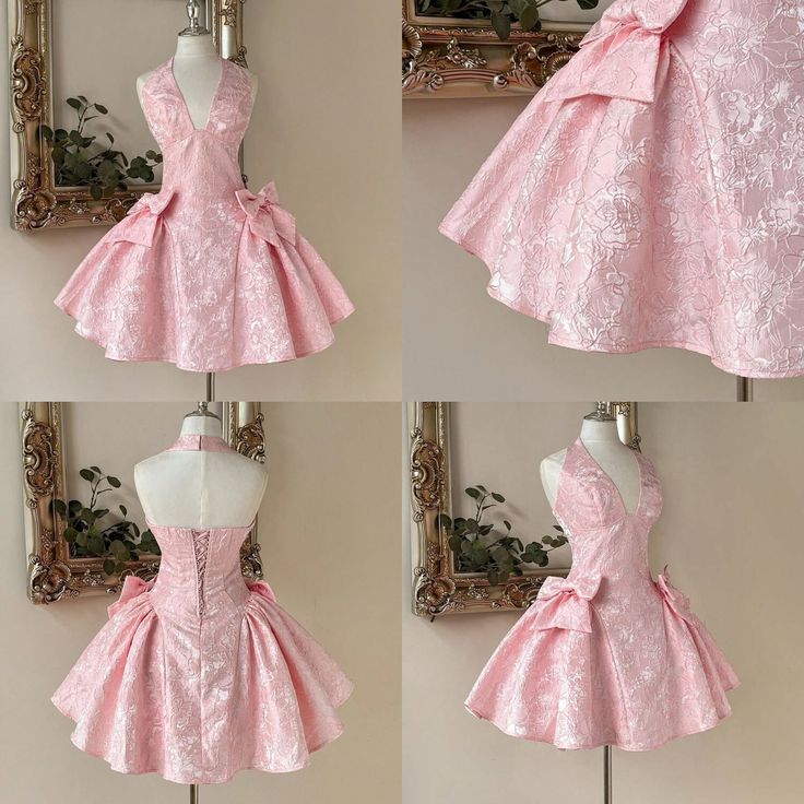 Sweety Ball Gown Halter Pink Satin Corset Fitted Mini Hoco & Homecoming Dress Ideas Senior High Schools Party Dresses RB6526