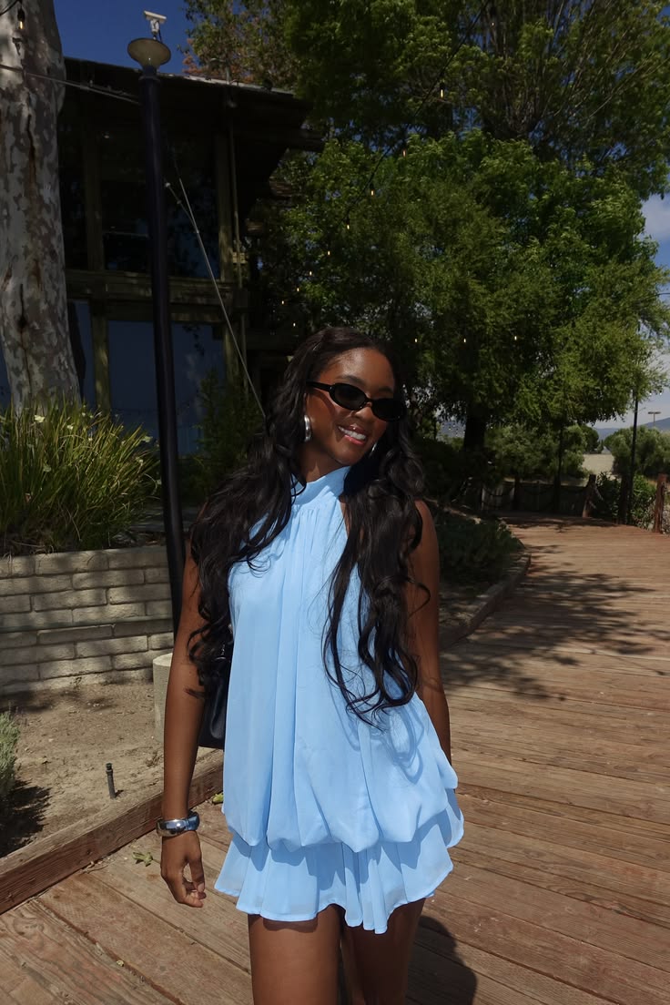 Sexy Homecoming Outfit Ideas A Line High Neck Sleeveless Blue Chiffon For Teens High School Ideas Inspo Senior Party Graduation Dresses RB7309