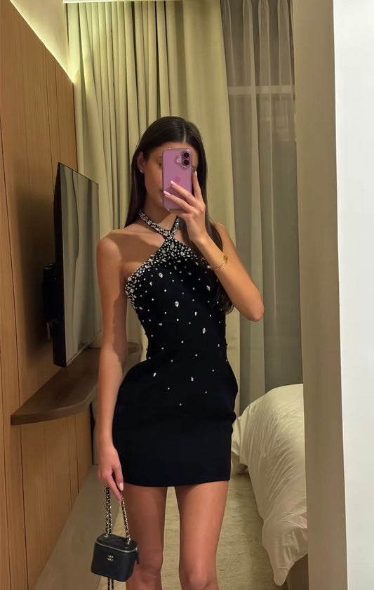 Classy Sheath Halter Little Black Dress For Teens Women Party Short Mini 18th Birthday Dresses Hoco Outfit RB3687