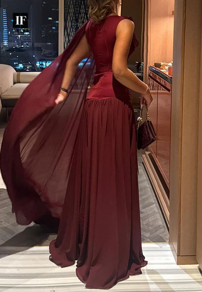 Neckholderärmellos Off-Shoulder Chiffon Bodenlang Plissiert A-Linien-Abschlussballkleid N2354