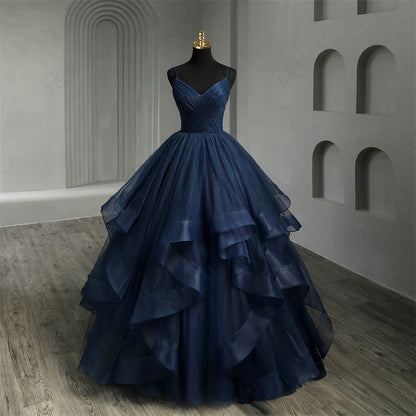 Nouvelle robe de quinceañera bohème bleu marine à volants, col en V et fines bretelles, robe de bal sexy et simple AB688